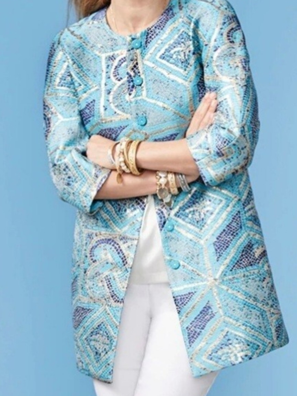 Chico's Turquoise and Gold Jacquard Coat
